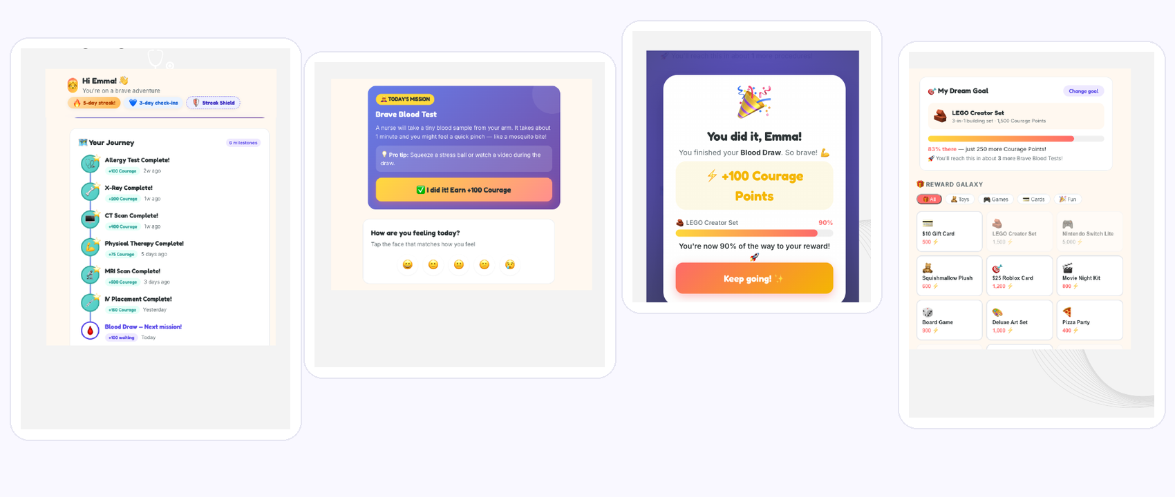 KidPoints product screens showing the Courage Journey, mission preparation, celebration, and rewards